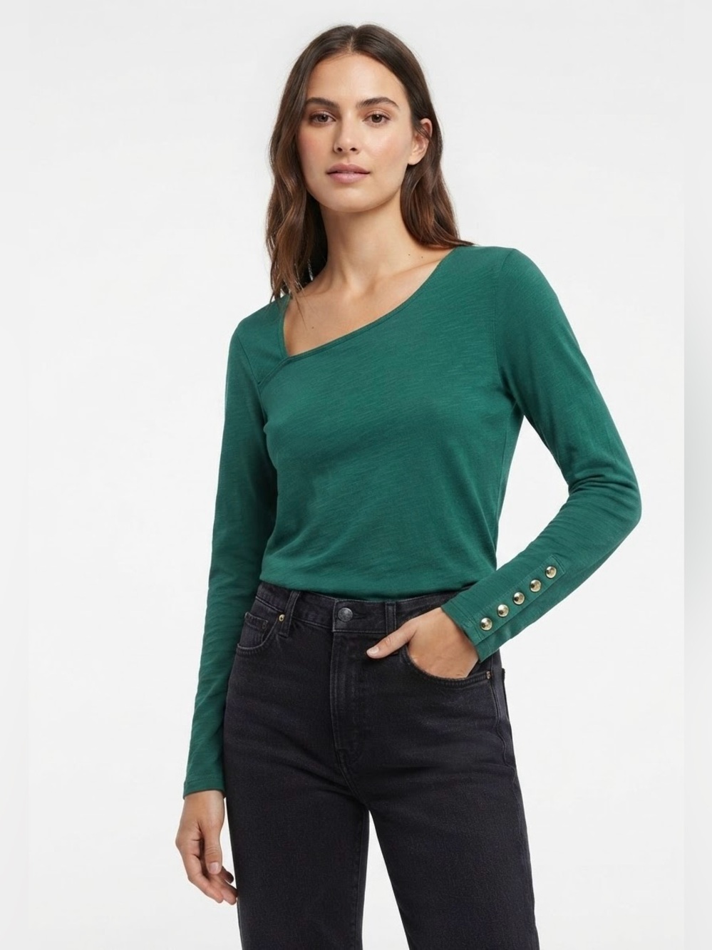 Nation LTD $179/89 P2P18-19 Anita Top Green Asymmetric Neckline Gold Buttons M